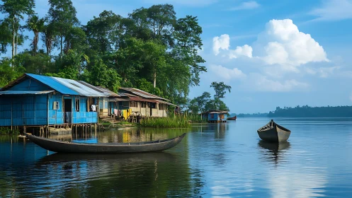 Riverside stilt houses and wooden boats in calm daylight.