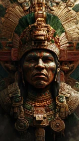 Mesoamerican warrior portrait with ornate carved headdress