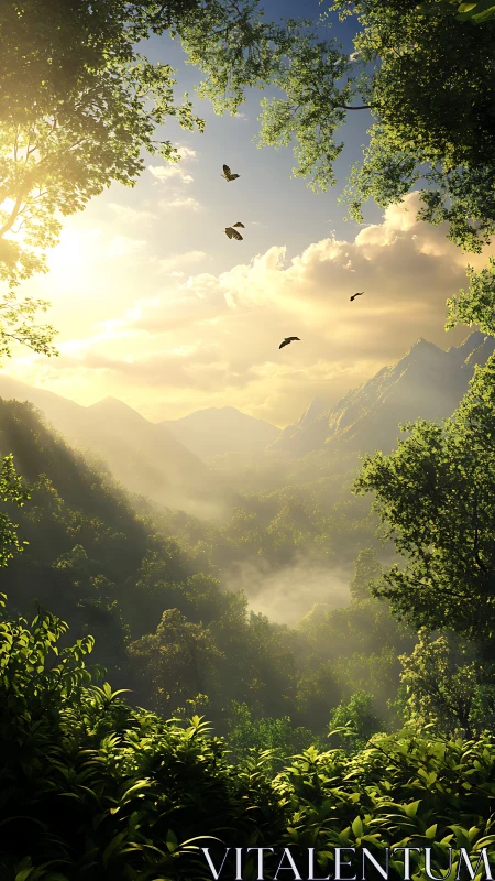 Mountain Valley at Sunrise with Birds Flying.