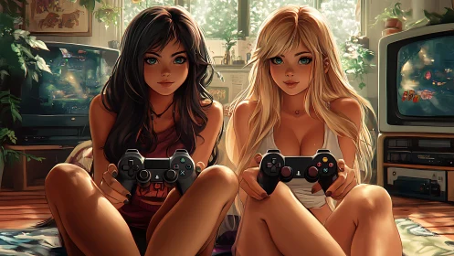 Two young women gaming with controllers in living room.
