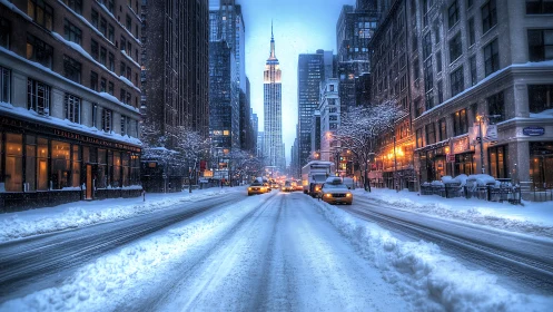 Snow-covered city avenue frames central tower at dusk