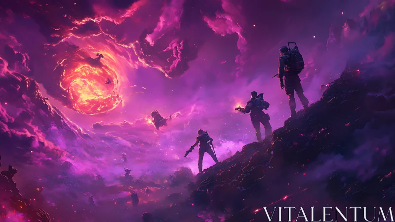 Armored figures on ridge facing luminous vortex skyfield.