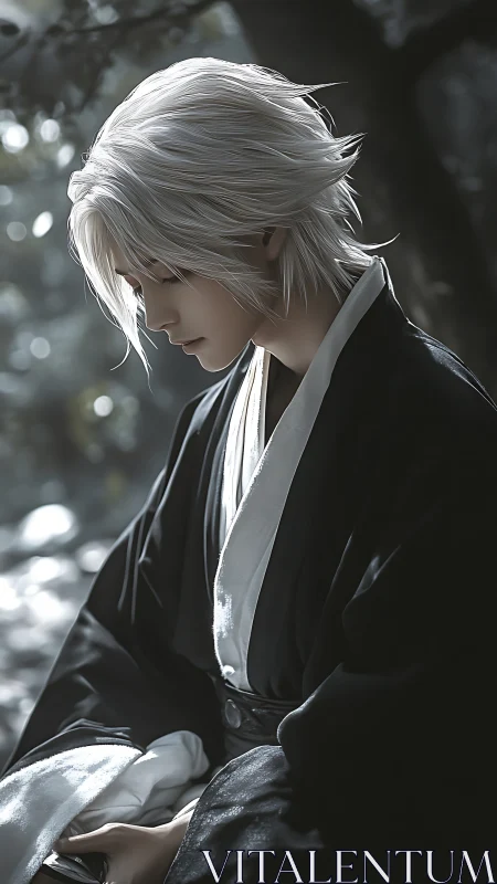 White-haired swordsman reflects quietly in dappled forest light.