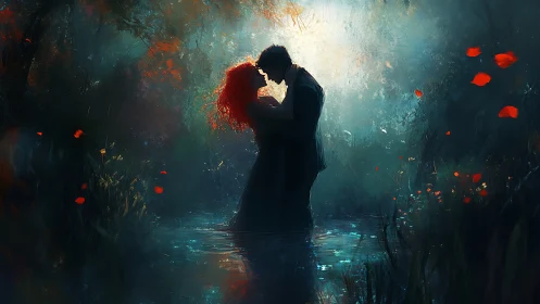 Romantic silhouette couple with red hair, luminous water setting, warm backlighting.