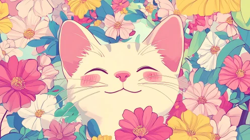 Smiling white cat nestles into vivid pastel garden blooms.