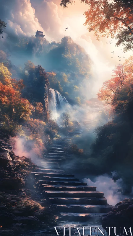Misty stone staircase ascends to a distant mountain temple