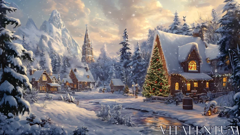 Snow-covered village glows under golden winter sunset light