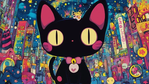 Playful cosmic city cat glowing in neon night lights.