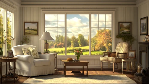 Sunlit sitting room quietly borrows the glow of autumn hills
