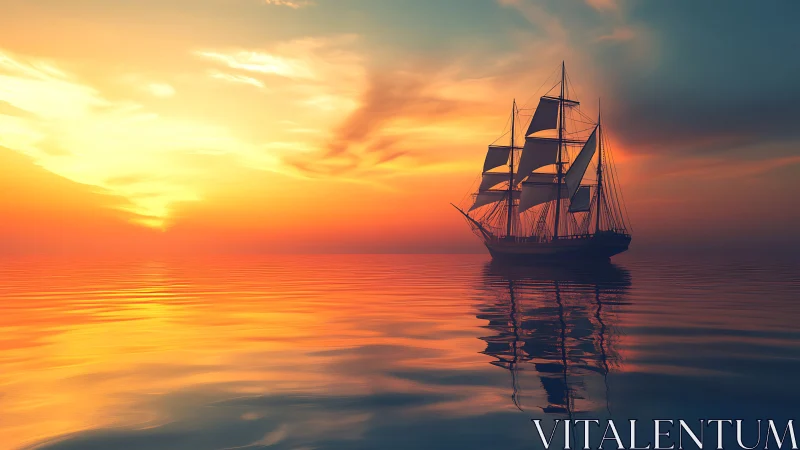 Tri-masted sailing vessel on glassy ocean under spectral sunset.