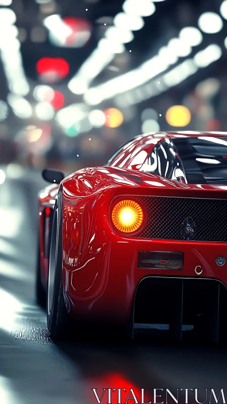 Red sports car rear view in night city tunnel scene.