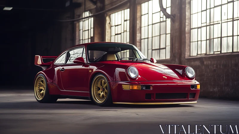Widebody red Porsche 911 in soft industrial side lighting, low stance