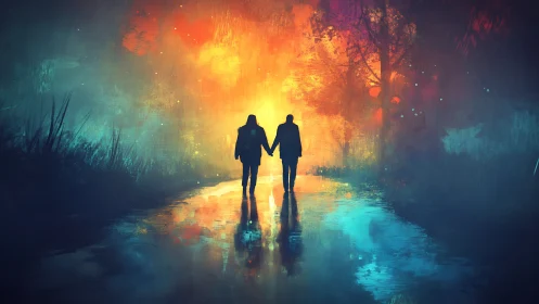 Backlit couple on wet path framed by high-contrast bokeh forest glow