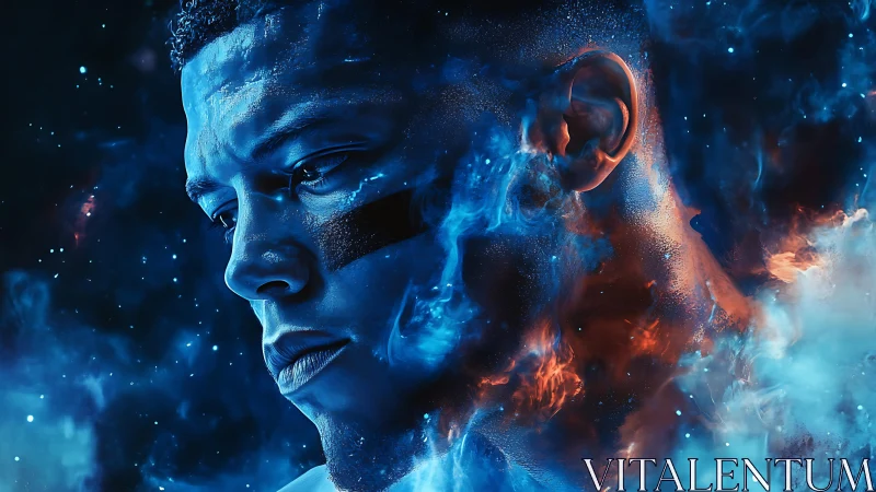 Cosmic athlete wrapped in glowing blue and ember clouds.