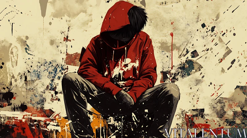 Hooded figure sits amid chaotic urban paint splatters