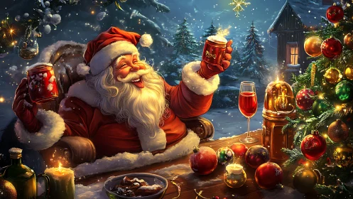 Santa celebrates Christmas Eve at a cozy winter table.
