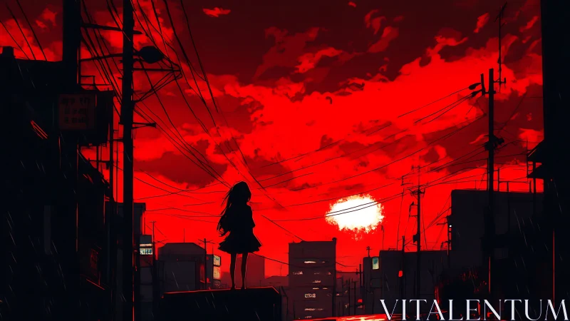 Crimson city sunset with lone girl on quiet rooftop.