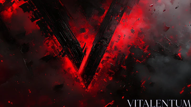 Central dark V-shaped structure intersects red fragment field