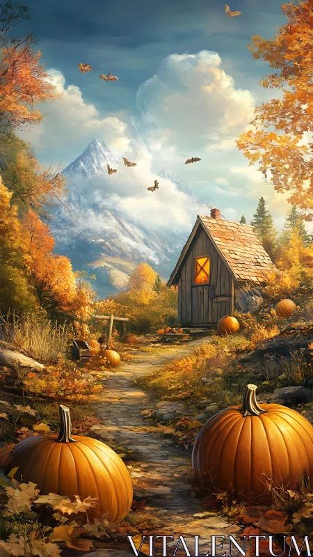 Autumn mountain cabin glows amid pumpkins and swirling leaves.