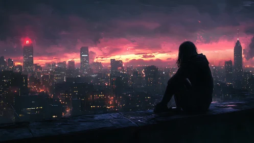 Solitary figure surveys neon city at stormy crimson dusk