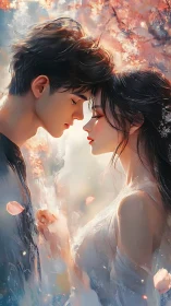 Two Figures in Romantic Profile Against Glowing Floral Background