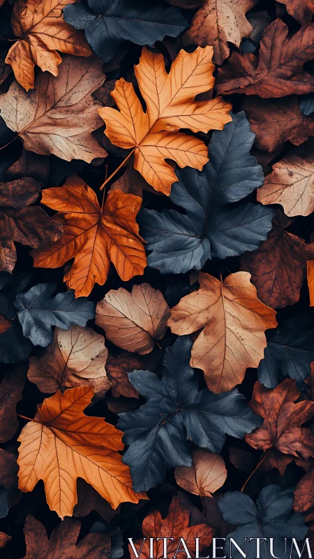 Overlapping orange and dark blue maple leaves form dense pattern