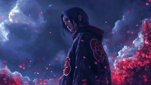 Stormlit rogue in crimson petals under brooding sky.