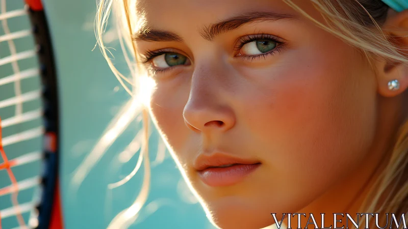 Sunlit tennis portrait with shallow depth and rim lighting.