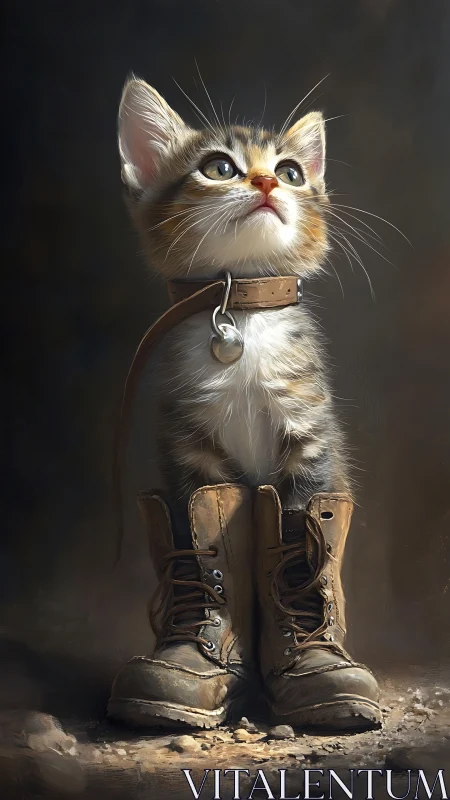 Whimsical Kitten Portrait in Oversized Combat Boots. Digital Artwork.