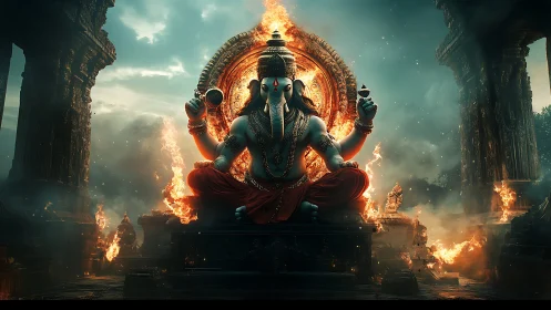 Divine elephant-headed deity in flaming temple ruins composition.