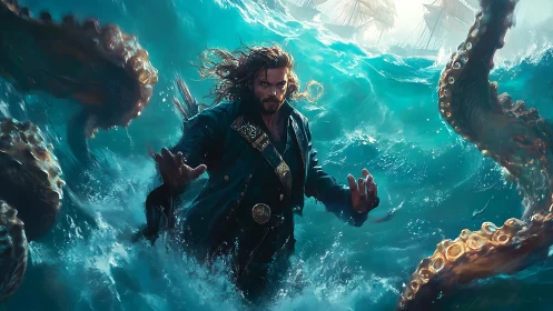 Storm-tossed pirate confronts kraken tentacles in dynamic seascape