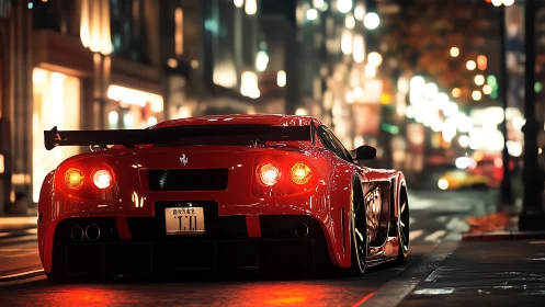 Midnight red supercar poised under luminous city lights.