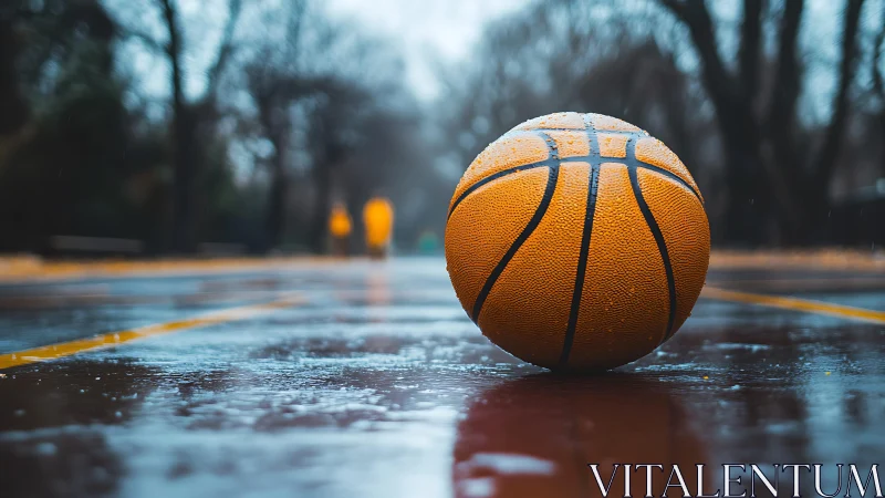 Lonely basketball rests on wet outdoor court after rainfall