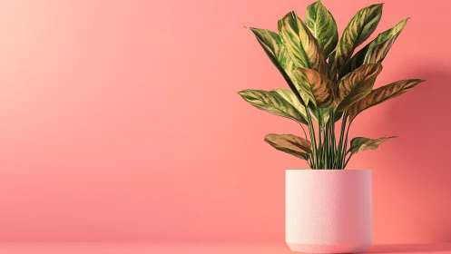 Minimalist houseplant in white pot against coral wall.