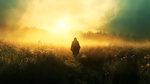 Solitary figure walks into glowing sunrise mist over meadow.