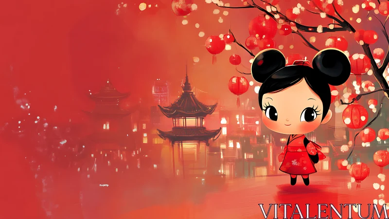 Stylized girl under lantern tree contrasts with blurred pagoda cityscape