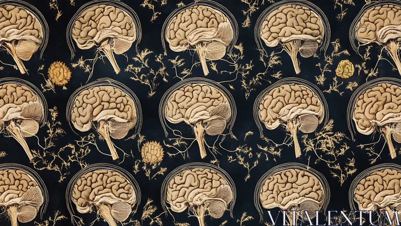Patterned medical illustration of beige human brain cross sections.