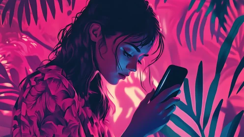 Young woman lit by neon screen glow in tropical dusk