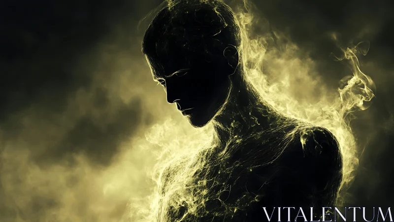 Ethereal human silhouette dissolving into glowing smoke.
