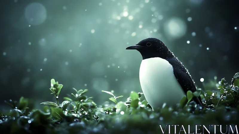 Elegant Black and White Bird in Dewy Green Foliage, Soft Focus.