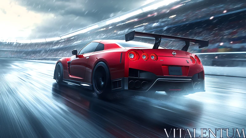 Red racing supercar powers through wet futuristic circuit