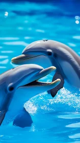 Two dolphins surface in bright blue water with visible detail
