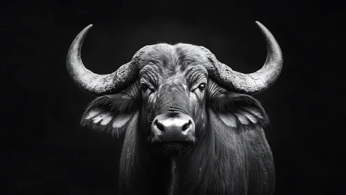 Monochrome frontal portrait of horned African buffalo specimen.