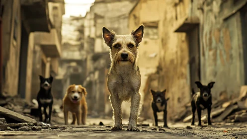 Stray dog pack standing alert in sunlit ruined alley.