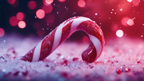 Candy Cane in Crystalline Sugar Snow with Bokeh Lights.