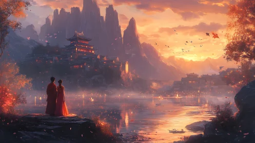 Sunset pagoda dreamscape with quiet lovers by the lake.