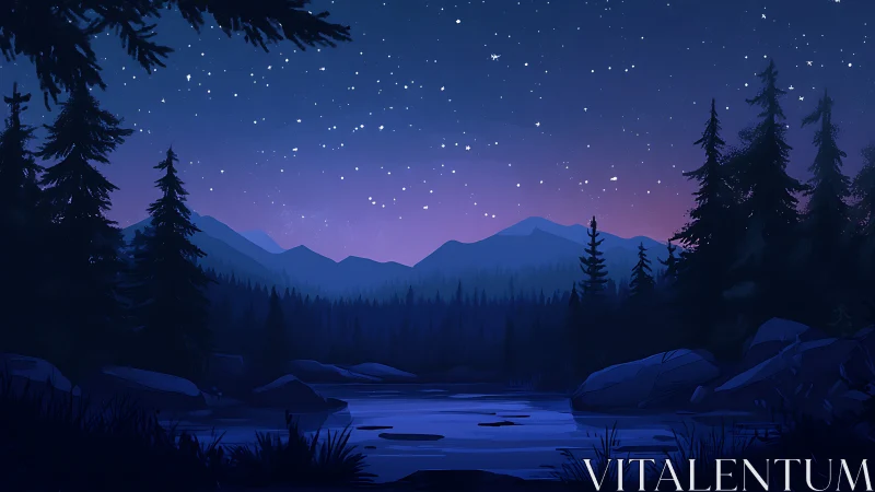 Starlit Mountain Lake at Twilight with Pine Forest Silhouettes