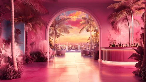 Architectural interior rendered with saturated magenta palette and arched aperture.