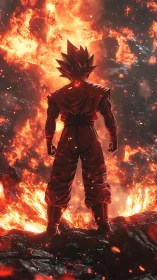 Backlit super-warrior silhouette amid eruptive lava field.