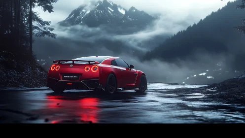 Red Nissan GT-R on wet mountain pass under misty twilight